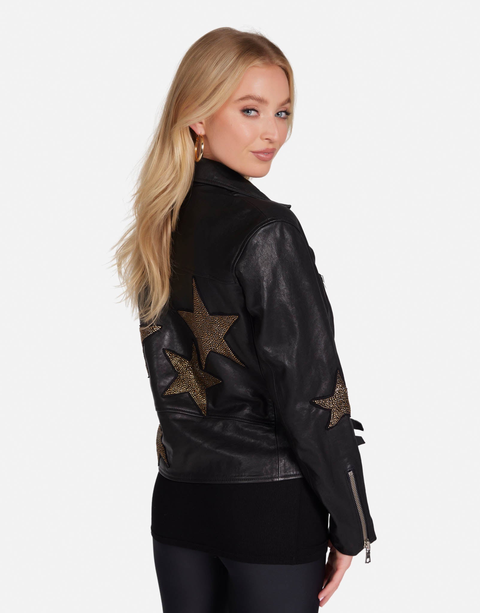 Gold Crystal Multi Stars Black Leather Jacket | Posey by Lauren Moshi
