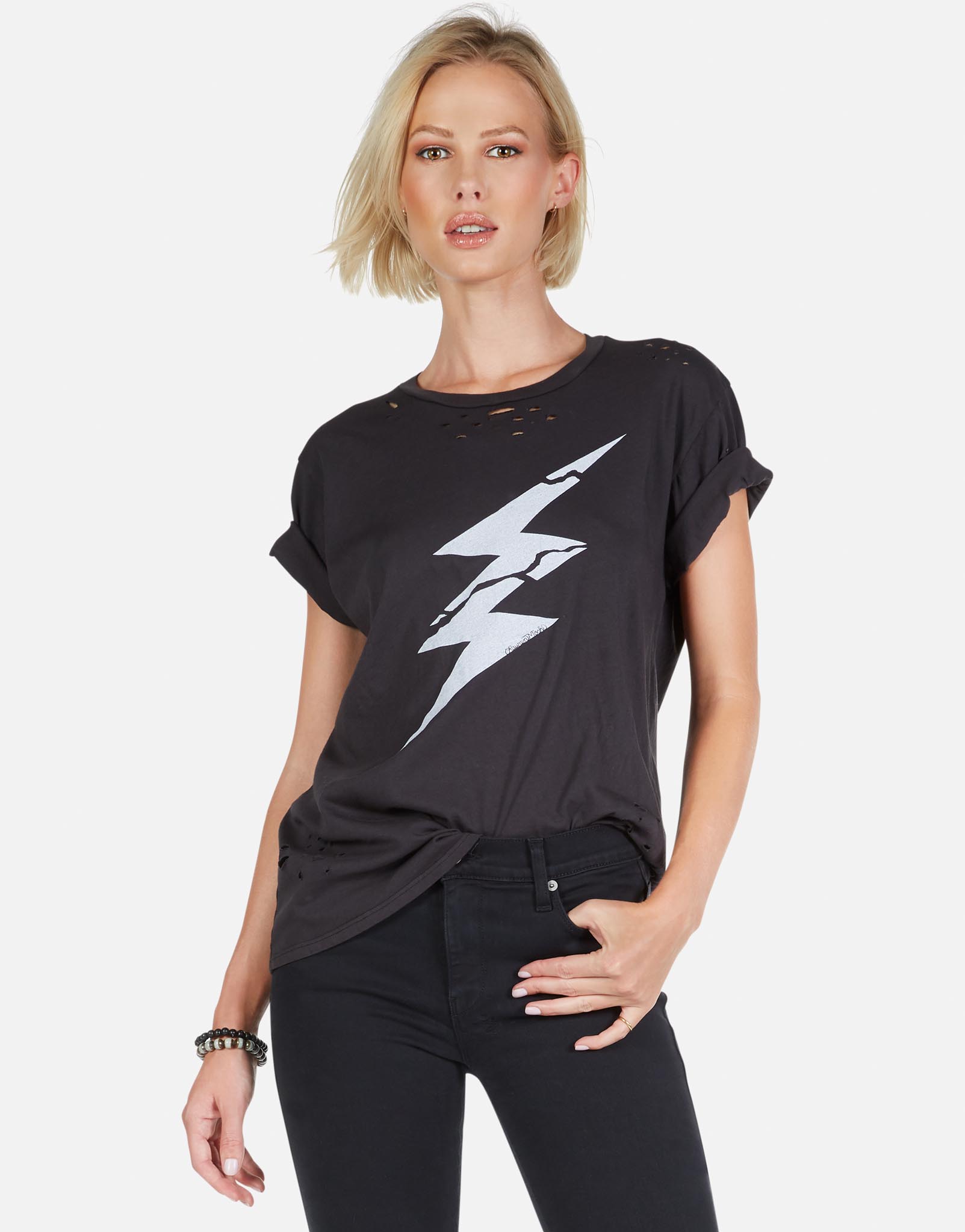 raw sleeves and raw hem crop tee with acdc bolt graphic