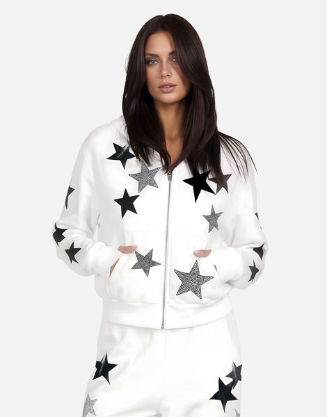 Black Crystal Multi Stars Hoodie in White | Twyla X by Lauren Moshi