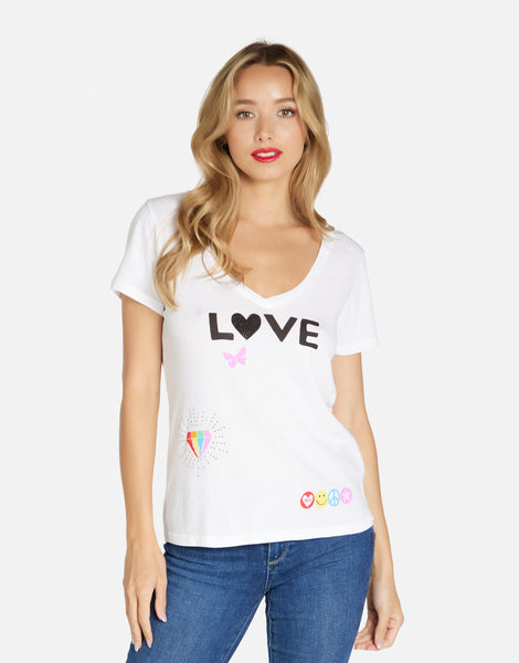 1 Love Rainbow Lip V-Neck Tee in White | Cruz by Lauren Moshi