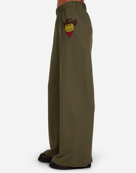 Cowboy Happyface Wide Leg Pant in Military | Martina by Lauren Moshi