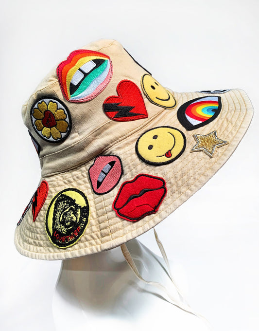 Adina- Bucket Hat w/ Allover Hippie Patches