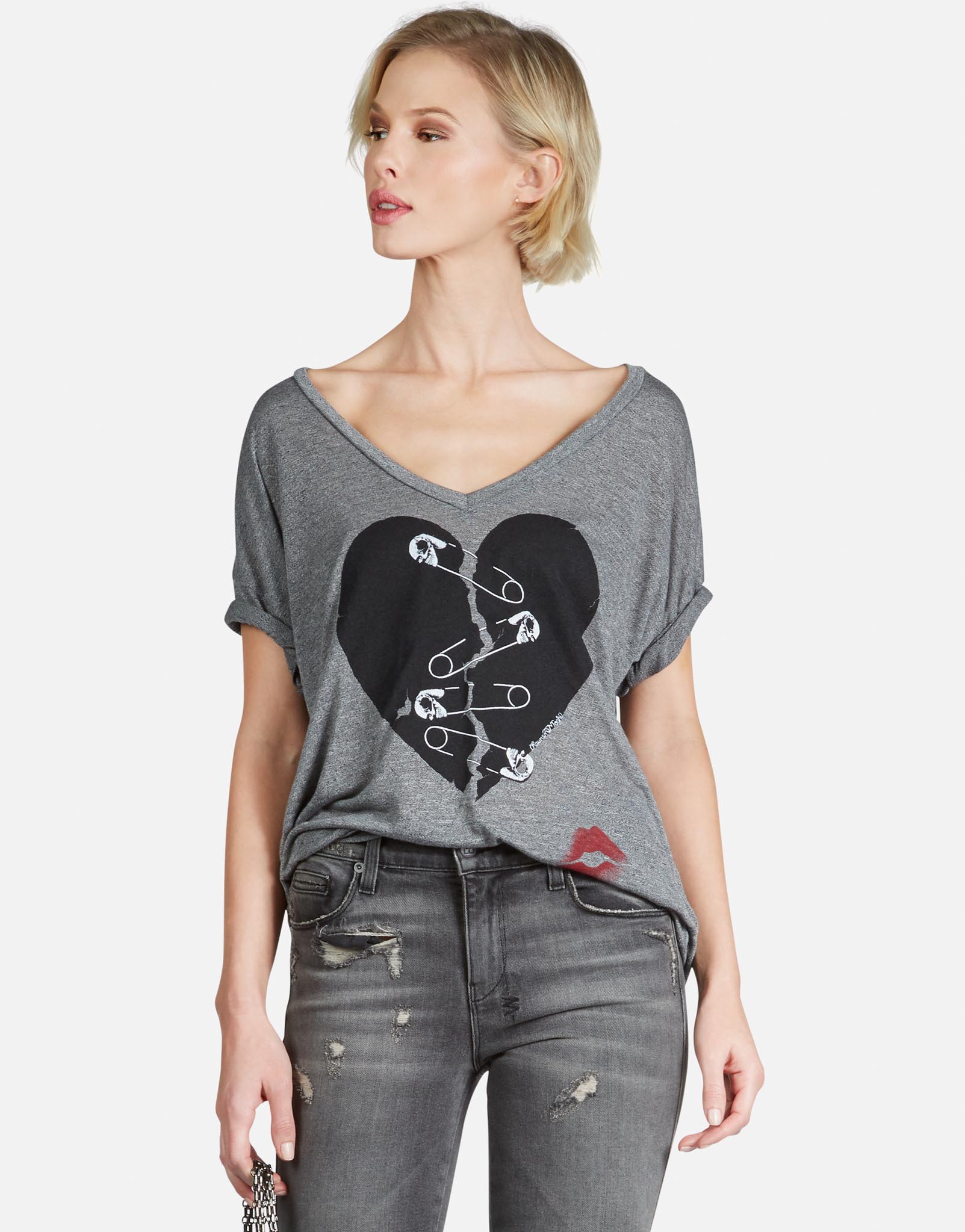 Safety Pin Heart S/S V-Neck Tee | Brixton by Lauren Moshi Heather Grey / XL